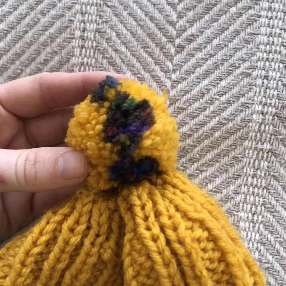 Chunky Knit Beanie Yellow & Dark Grey Color Flecked with Pompom Topper